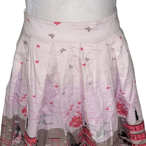 Pink Chinoiserie Pagoda Floral Blush Pink Pleated Flared Midi Skirt - XS - Picture 5 of 12